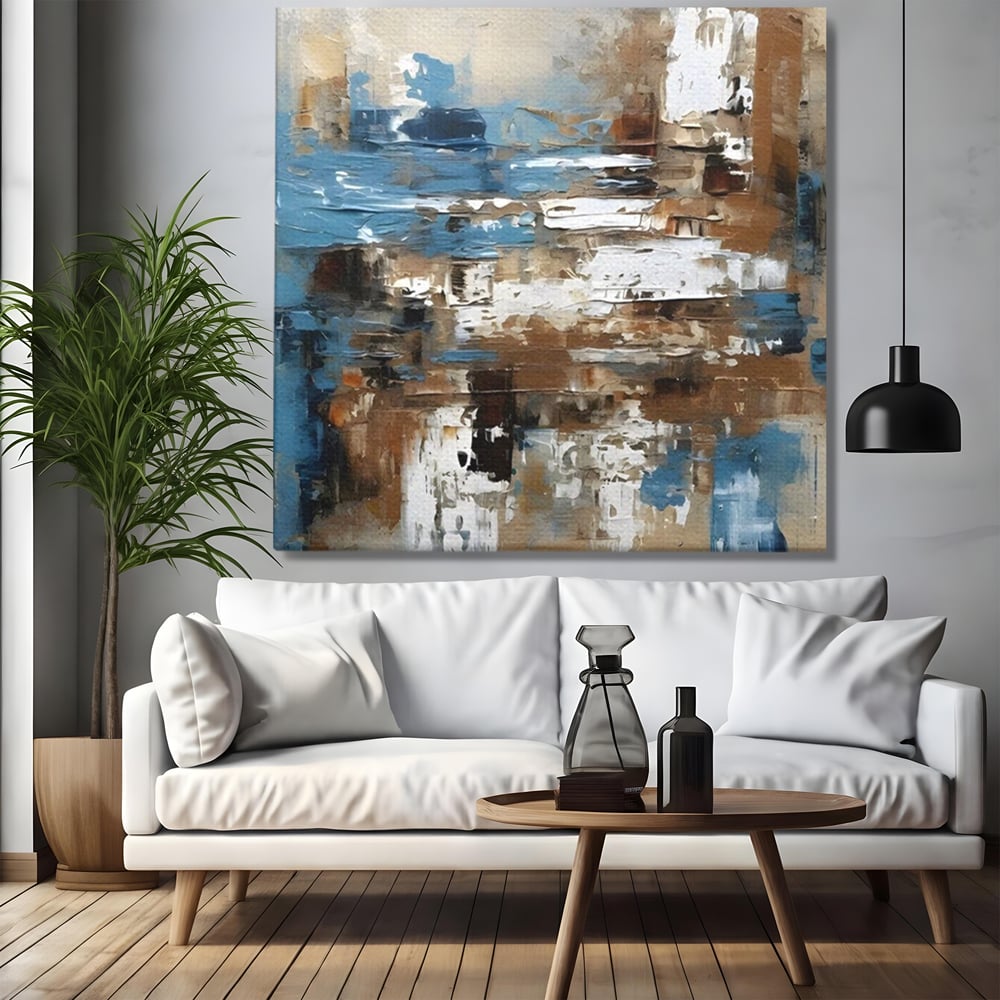 Tablou canvas cu pictura abstracta cu texturi de albastru si maro, fara rama, pe sasiu de lemn, pe perete intr-un living